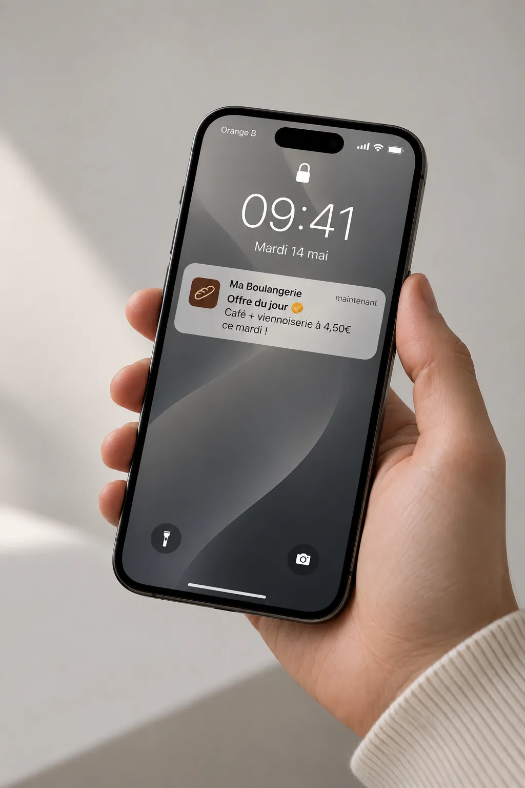 Un iPhone tenu en main affiche sur son écran verrouillé une notification d’une boulangerie : « Offre du jour — café + viennoiserie à 4,50 € ce mardi »